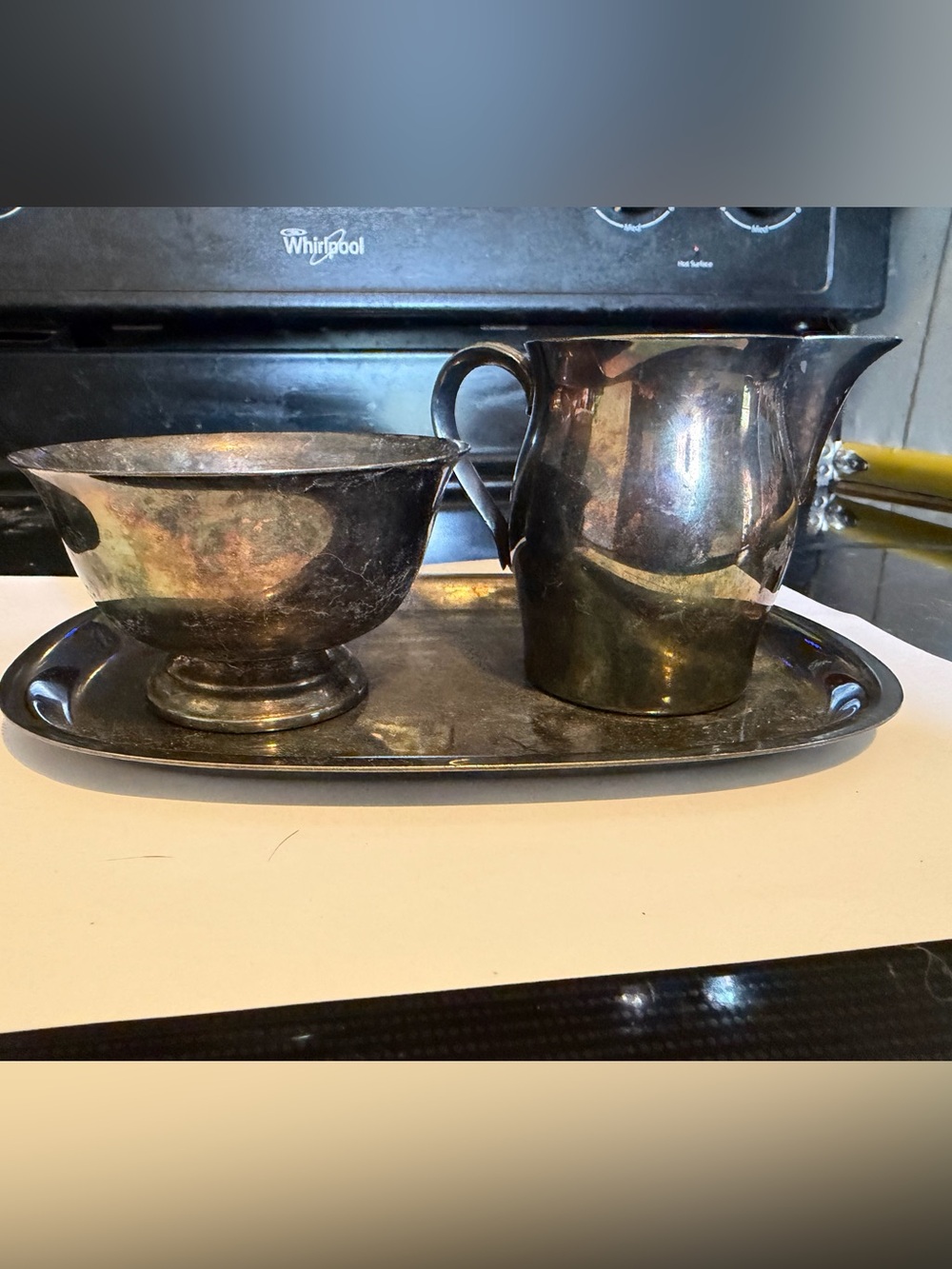 WM Paul Revere Reproduction silver creamer, sugar bowl, small tray.